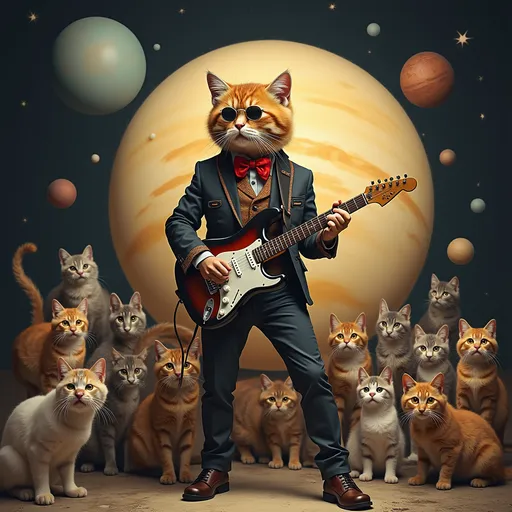 Prompt: A rock-star cat on a stage, playing electric guitar on Saturn, surrounded by lots of  cats of various breeds.
