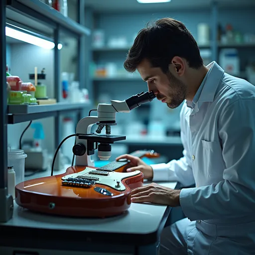 Prompt: Electric guitar lying on laboratory table. man looking at it through a microscope.