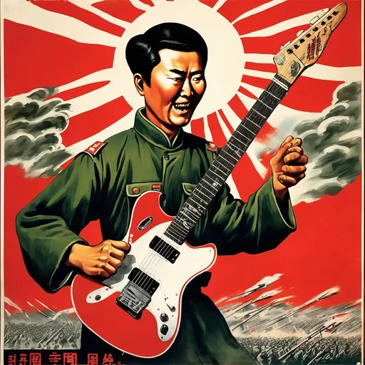 Prompt: Chinese propaganda poster from the cultural revolution, hand smashing a Squier brand guitar