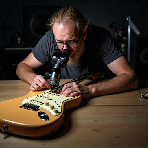 Prompt: Stratocaster lying on table. Man in t-shirt looking at it through a giganticmicroscope.