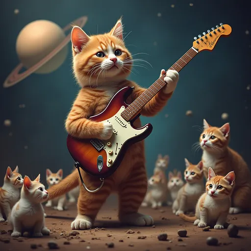 Prompt: A cat on-stage, playing electric guitar on Saturn, surrounded by lots of cats.