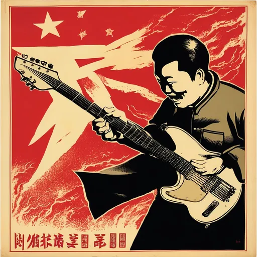 Prompt: Chinese propaganda poster from the cultural revolution, hand smashing a Squier guitar