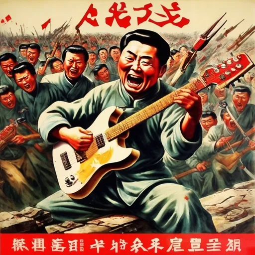 Prompt: Chinese propaganda poster from the cultural revolution, hand smashing a Squier guitar
