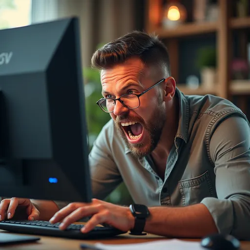 Prompt: Man looking furiously at computer. He is foaming at the mouth.