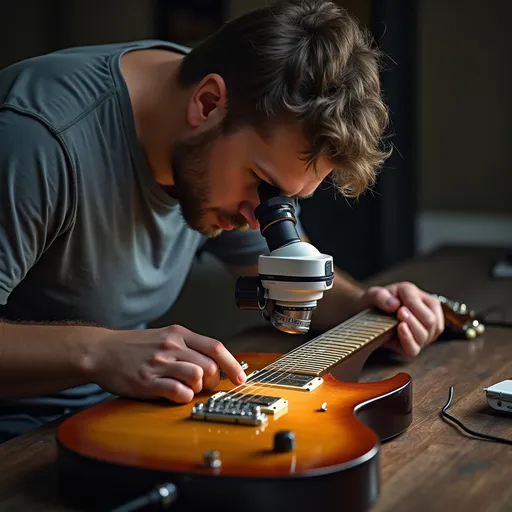 Prompt: Electric guitar lying on table. Man in t-shirt looking at it through a microscope.