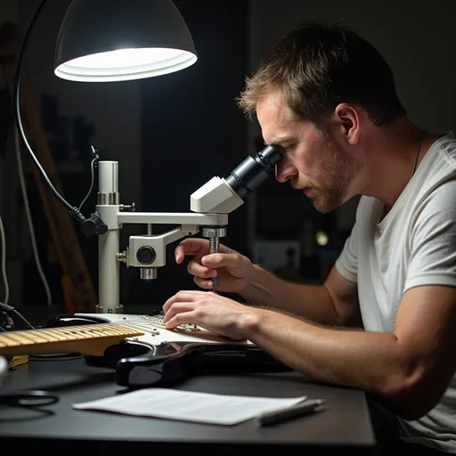 Prompt: Stratocaster lying on table. Man in t-shirt looking at it through a gigantic microscope.