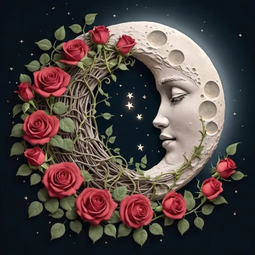 Prompt: A moon made from rose vines and say i love you to the moon and back