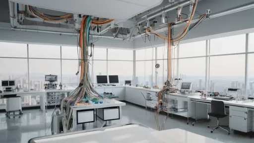 Prompt: photograph inside a laboratory with tall ceilings, in a minimalist penthouse of a skyscraper, we see the city below. The picture is to be the most realistic, and I want you to depict and big complex machine, mostly white, except for the colorful thin cables, joints, labels: i want it to have mechanical body and several arms made of complex pieces.  The scientists working on the machine are very tiny in comparison.  