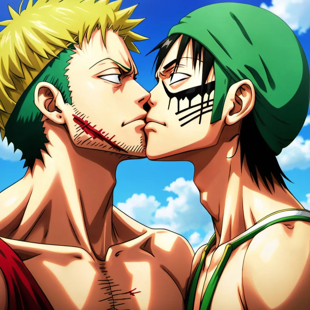 Prompt: Zoro and luffy kiss