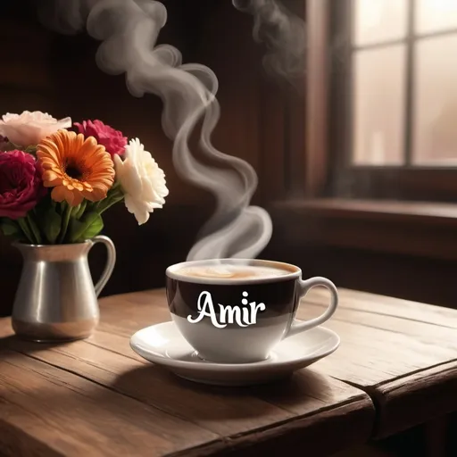 Prompt: A cup of coffee on a wooden table with steam rising up, forming the name amir in the air in a thermal font. Next to the coffee, there is a bouquet of flowers and a book. The scene is rendered in ultra HD quality with cinematic lighting