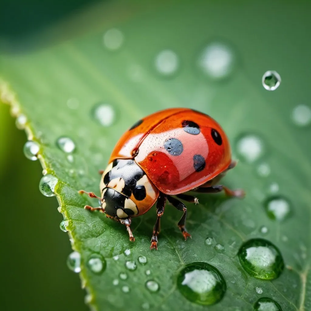 Prompt: A  closeup of a lady bug on a leaf with close up water drop lets , detailed texture and details. macro lens, product photography