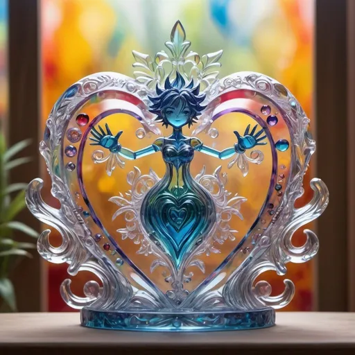 Prompt: A detailed and vibrant transparent glass sculpture of  sora from kindom of hearts, intricate details, surreal, colorful background