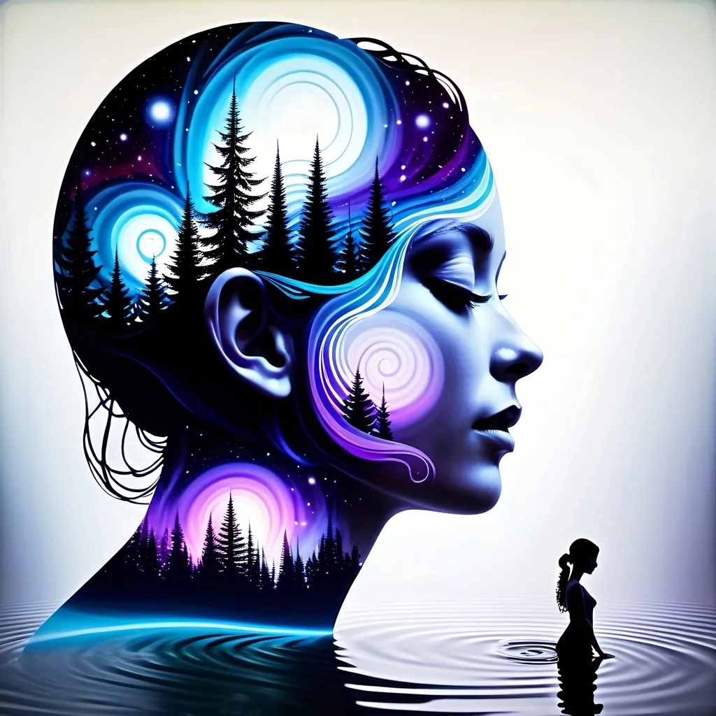 Prompt: galaxy silhouette, human figure, Merrit Malloy style, surreal, flowing water, serene atmosphere, detailed silhouette, highres, artistic, peaceful, dreamlike, flowing fabric, misty aura, tranquil, ethereal lighting, deep color contrast, detailed reflection