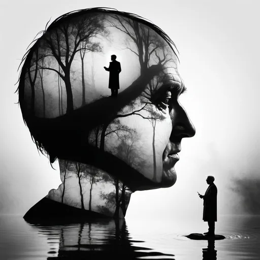 Prompt: thomas edison silhouette, human figure, Merrit Malloy style, surreal, flowing water, serene atmosphere, detailed silhouette, highres, artistic, peaceful, dreamlike, flowing fabric, misty aura, tranquil, ethereal lighting, black and white, detailed reflection