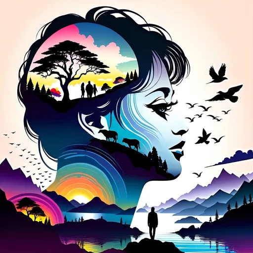 Prompt: Human silhouette with captivating landscape inside silhouette, vibrant colors, surreal art, high quality, detailed drawing, scenic beauty, landscape within silhouette, colorful, vivid, dreamy, artistic, serene, breathtaking, sunset lighting, professional illustration