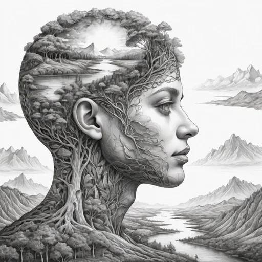 Prompt: Human head outline with detailed landscape within, colorful pencil sketch, intricate natural elements intertwining, high-detail shading, surreal, dreamlike, monochrome, detailed facial features, intricate landscape, pencil sketch, surrealism, black and white, high-detail, dreamy lighting