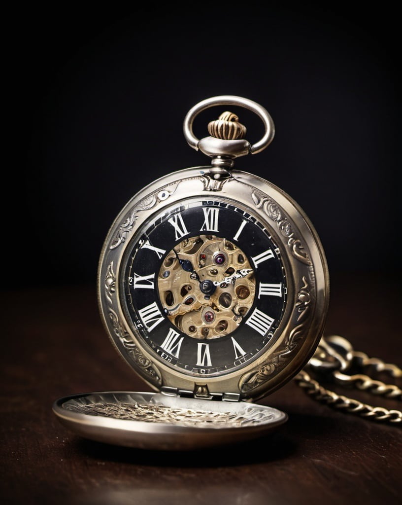 Prompt: vintage pocket watch, dark background, commercial photograph, professional, highly detailed