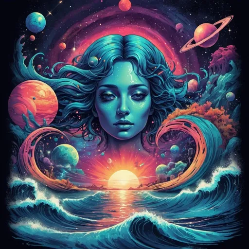 Prompt:  Illustrated T-shirt design of Surreal Art digital illustration, Galactic Symphony background, vibrant colors,  high quality, vibrant, digital art, ocean, detailed design, professional, artistic lighting