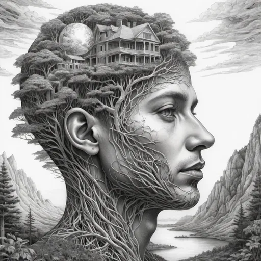 Prompt: Human head outline with detailed landscape within, black and white pencil sketch, intricate natural elements intertwining, high-detail shading, surreal, dreamlike, monochrome, detailed facial features, intricate landscape, pencil sketch, surrealism, black and white, high-detail, dreamy lighting