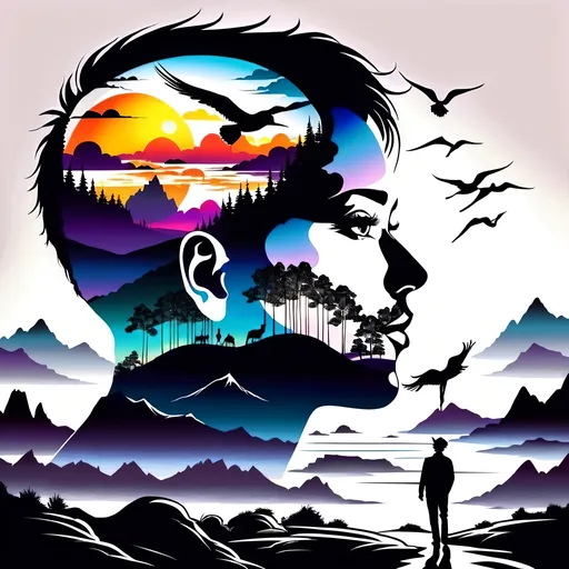 Prompt: Human silhouette with captivating landscape inside, scenic beauty, sunset lighting, surreal art, vibrant and colorful, detailed drawing, high quality, vivid and dreamy, landscape within silhouette, breathtaking, professional illustration, detailed scenery, surreal, vibrant colors, artistic, serene, best quality, detailed, sunset lighting