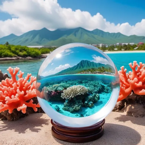 Prompt: crystal clear ball with beautiful coral reef amazing color contrast set on mountain range with little town in the distance