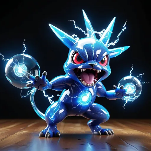 Prompt:  glass sculpture Electric pokemon-style creature, blue, vibrant and energetic, 3D rendering, crackling sparks, dynamic pose, lightning effects, high energy, vibrant 3D render, intense and electrifying, anime-inspired, dynamic lighting, high quality, electrifying effects