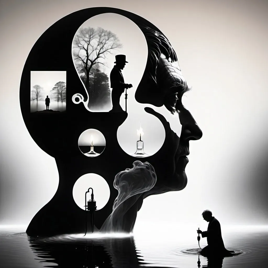 Prompt: thomas edison silhouette, human figure, Merrit Malloy style, surreal, flowing water, serene atmosphere, detailed silhouette, highres, artistic, peaceful, dreamlike, flowing fabric, misty aura, tranquil, ethereal lighting, black and white, detailed reflection