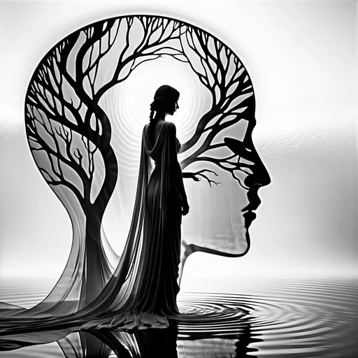 Prompt: epitaph silhouette, human figure, Merrit Malloy style, surreal, flowing water, serene atmosphere, detailed silhouette, highres, artistic, peaceful, dreamlike, flowing fabric, misty aura, tranquil, ethereal lighting, black and white, detailed reflection