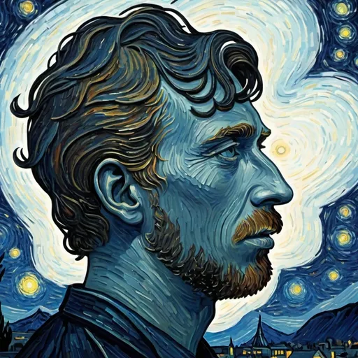 Prompt: Starry Night inside Victor Van Gogh's silhouette, high-res digital art, detailed outline, swirling stars, vibrant colors, post-impressionist style, cool-toned, atmospheric lighting, professional rendering, surreal, unique concept, detailed brushstrokes, best quality, digital painting, artistic outline, dreamy, artistic style, detailed, vibrant colors, surreal, night sky, professional, atmospheric lighting