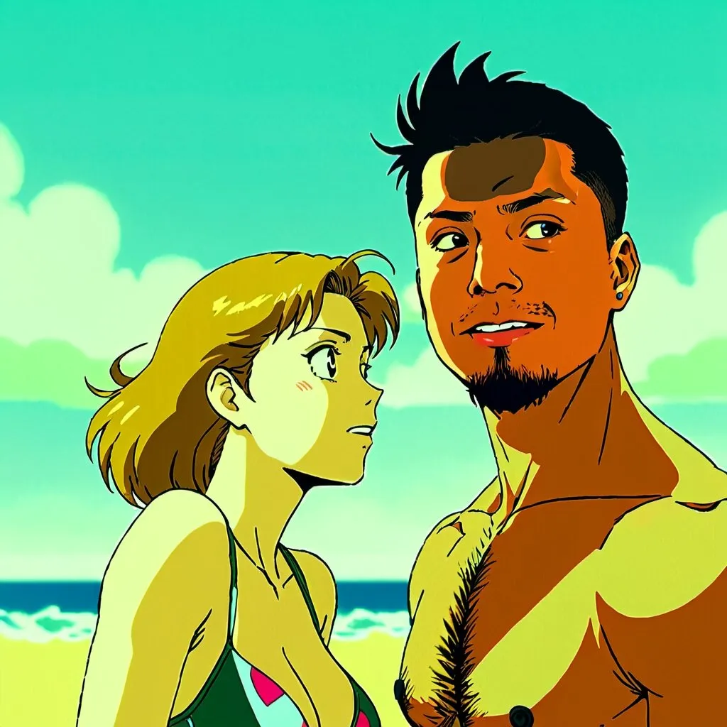 Prompt: 1990s anime screencap, happy couple on beach, anime scene