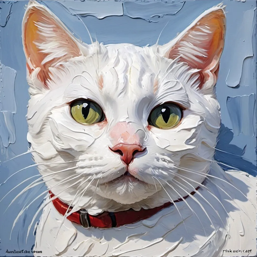 Prompt: thick impasto oil painting of a american shorthair white cat , thick bumpy paint strokes