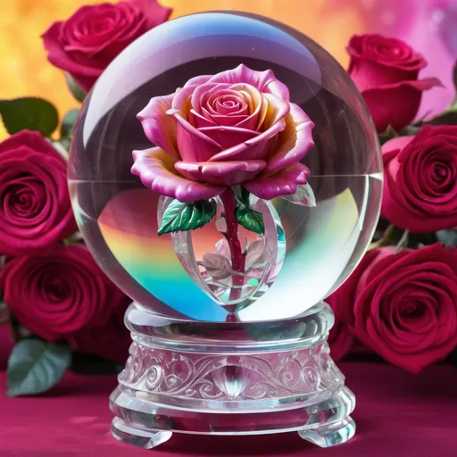 Prompt: A detailed and vibrant transparent glass sculpture of a crystal ball telling a fortune  with roses , intricate details, surreal, colorful background