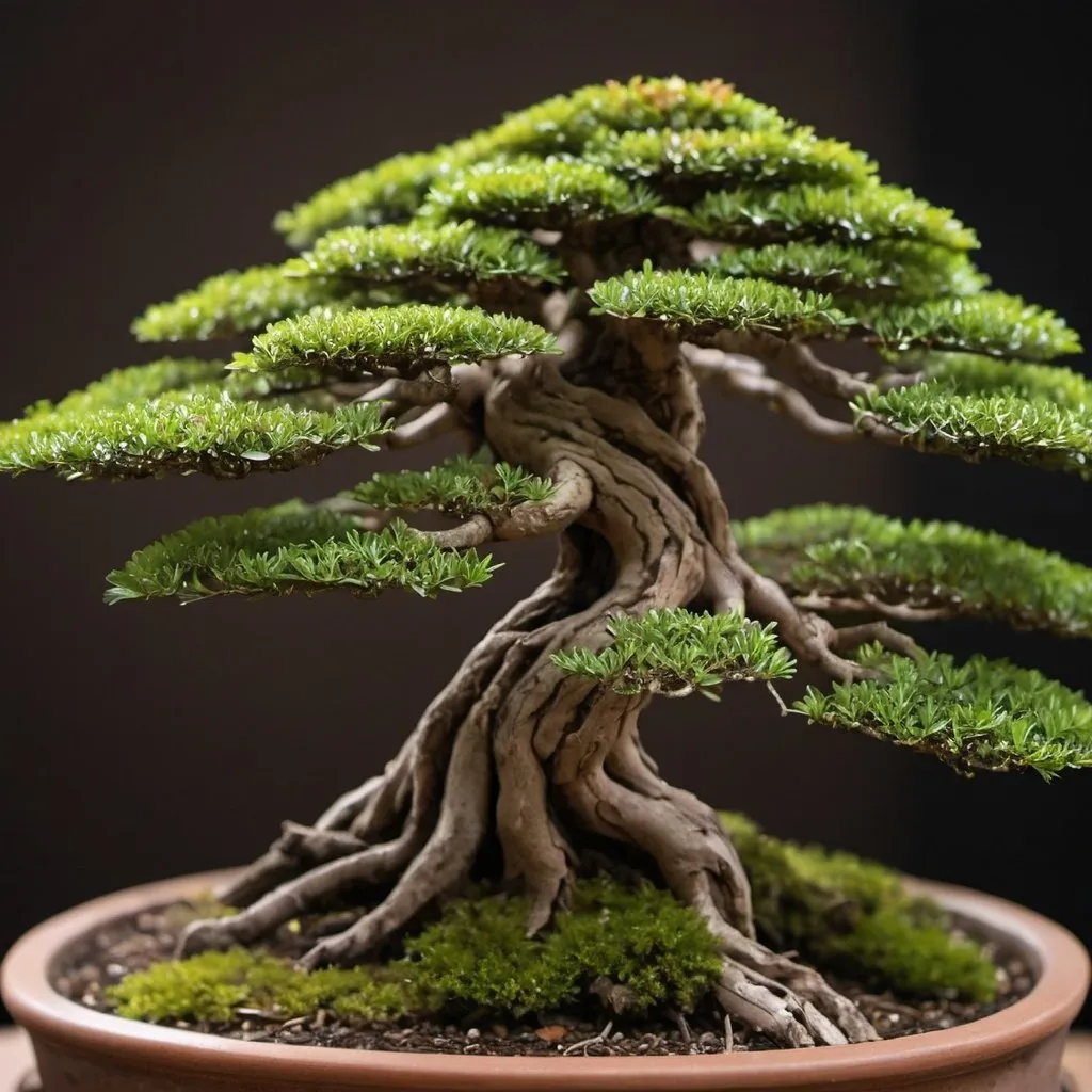 Prompt: Detailed macro photograph of a bonsai tree, intricate texture, focus on fine details, high quality, macro lens, product photography, natural tones, detailed leaves and bark, closeup shot, professional lighting, best quality