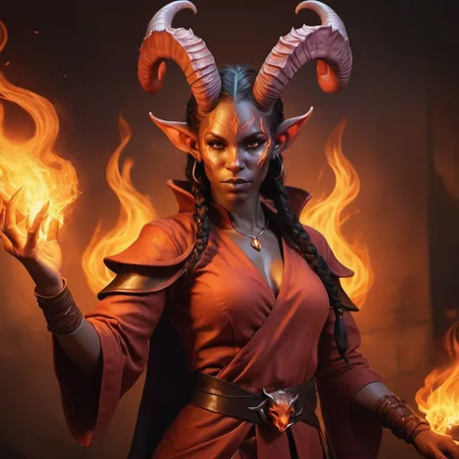 Prompt: hyper-realistic Tiefling character with fire hands, fantasy character art, illustration, wow , warm tone, mage 