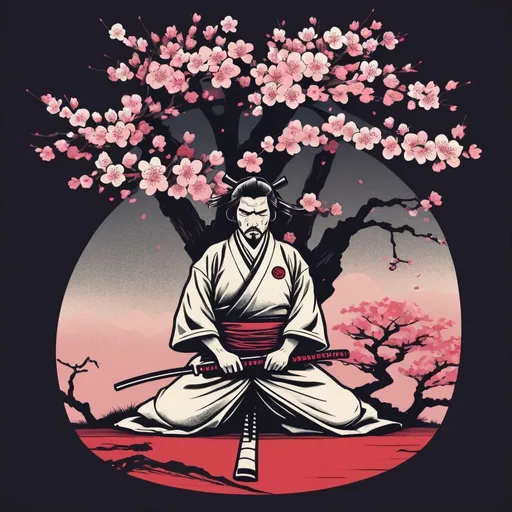 Prompt: illustrated tshirt design of a cherry blossom tree and a samurai committing seppuku