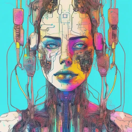 Prompt: full body of european woman cyborg, upper body, head, eccentric, flashy, digitalart, digitalphotographic, futuristic, glossy, caucasian, sleek, vivid colors, transhumanism, posthuman, based on beautiful woman, picture is taken from chest up, woman brain is being cyborgized, woman is watching front to, woman face has no stain and wreckles, woman has majestic look, woman head have a lot of circuits, colorful, robot eyes are open, mouth is closed, extremly nice figure, good-looking cyborg, robot portrait is taken with a narrowed exposure, robot head have a lot of cables and wires, robot head have intricate structure, various colors is being painted, neon, cyberpunk, shoot on a 50mm lens, background is simple, 16k, highly-detailed, super-high resolution, super realistic, super ultra high contrast, whitebalance is 5000, --ar 9:16 --stylize 1000