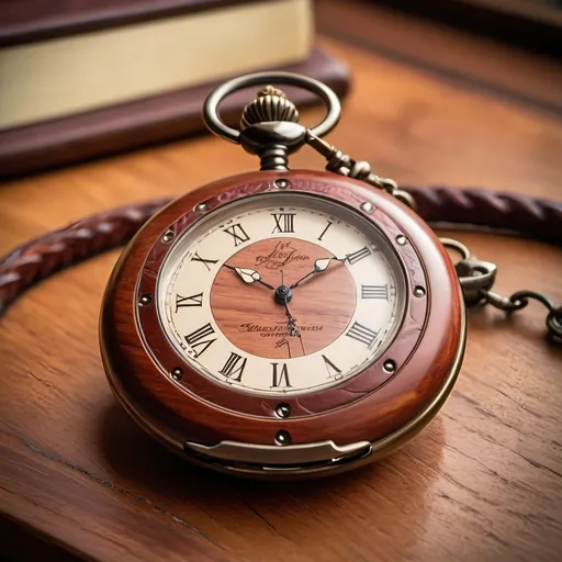 Prompt: Close-up shot of a custom cherry wood and leather pocket watch, unique design, resting on a vintage wooden desk, bathed in warm natural light, high quality, detailed wood textures, luxurious leather, antique, warm lighting, intricate details, one-of-a-kind, rustic elegance, natural beauty
