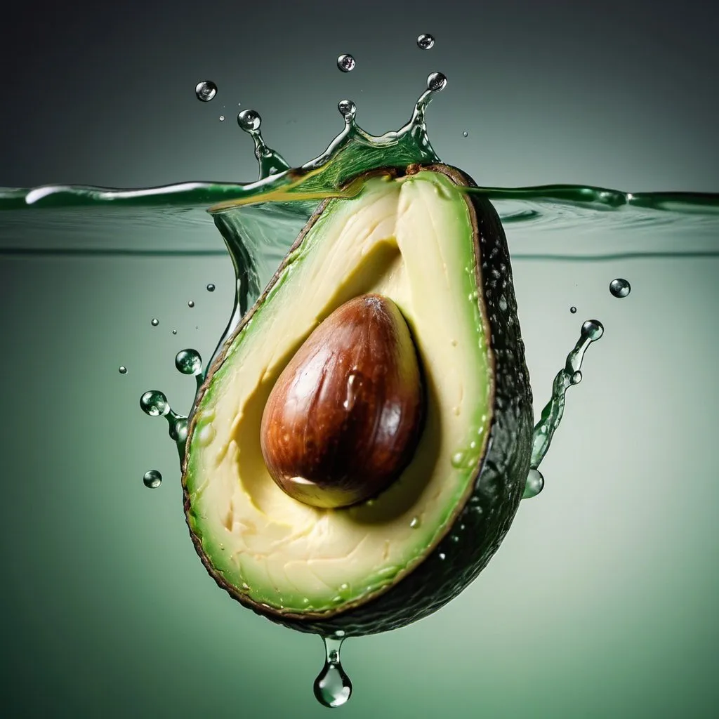 Prompt: 
20h
Cut avocado on water, A drop of oil slowly sinks from the top onto the avocado,soft light and shadow, fresh style, green tone, subtle glow, commercial photography, Commercial shooting, Premium, High Quality Ultra HD, Super noise reduction, photography, high-end feel,Hyper realistic, Commercial photography,High on details,Shooting with a deep sense of scene