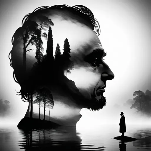 Prompt: abarham lincoln silhouette, human figure, Merrit Malloy style, surreal, flowing water, serene atmosphere, detailed silhouette, highres, artistic, peaceful, dreamlike, flowing fabric, misty aura, tranquil, ethereal lighting, black and white, detailed reflection