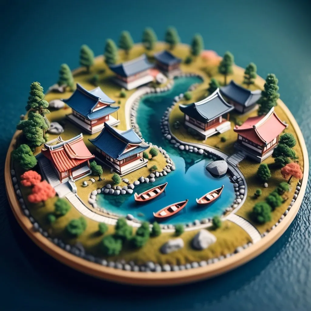 Prompt: aerial view, tilt-shift, isometric miniature world, detailed landscape world render with tiny japanese style house and boats, mountains with lakes