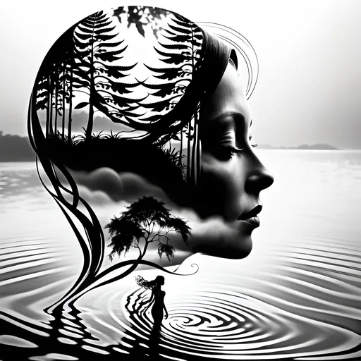 Prompt: mother nature silhouette, human figure, Merrit Malloy style, surreal, flowing water, serene atmosphere, detailed silhouette, highres, artistic, peaceful, dreamlike, flowing fabric, misty aura, tranquil, ethereal lighting, black and white, detailed reflection