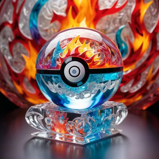 Prompt: A detailed and vibrant transparent glass sculpture of a pokemon ball filled  with fire and ice, intricate details, surreal, colorful background