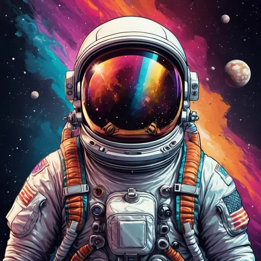Prompt: Illustrated T-shirt design of astronaut, digital illustration, cosmic background, vibrant colors, detailed spacesuit, astronaut's helmet, high quality, vibrant, digital art, cosmic, detailed design, professional, artistic lighting
