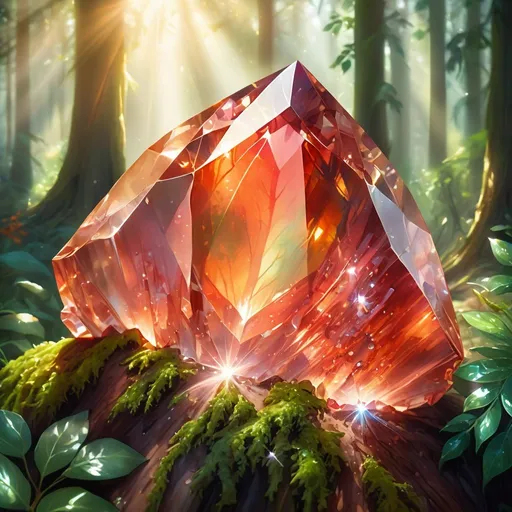 Prompt: Beautiful sunstone in a vibrant forest, vibrant colors, detailed facets, sparkling in sunlight, high quality, realistic, nature, gemstone, vibrant forest, detailed facets, sparkling, sunlight, vibrant colors, high quality, realistic, atmospheric lighting