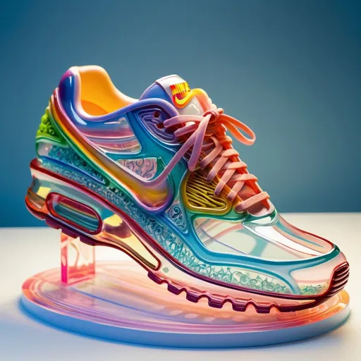 Prompt: A detailed and vibrant transparent glass sculpture of nike airmax shoes intricate details, surreal, colorful background