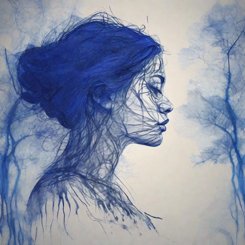 Prompt: a drawing of a woman made with scribbles and messy lines,blue ballpoint,monochrome Double exposure portrait of a (sad woman silhouette :1.5) side profile, merged with a (mystical forest scene: 0.7) , blank background, vector illustration, liquid ink, fluid, expressive, different shades and tones, captivating atmosphere, tone mapped, centered,  intricate, elegant, highly detailed, digital painting, artstation,abstract, concept art, smooth, sharp focus, illustration , minimalist 