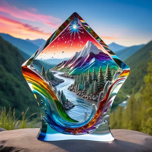 Prompt: A detailed and vibrant transparent glass sculpture of a shooting star over a mountain range with water flowing down the creek  , intricate details, surreal, colorful background