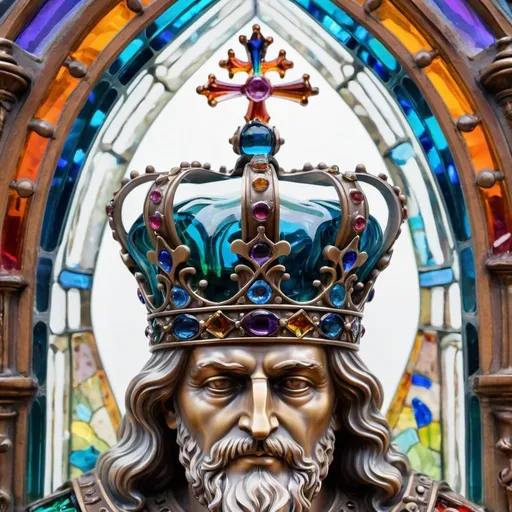 Prompt: A detailed and vibrant transparent glass sculpture of The Crown of Saint Wenceslas: , intricate details, surreal, colorful background