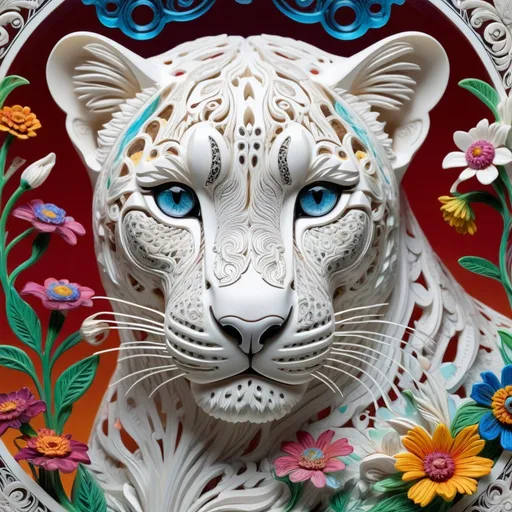 Prompt: A detailed and vibrant transparent glass sculpture of Photography White Leopard,flowers ,intricate versace style,pen thick lines,bold linework,ornate style wood carvings,linocut details, intricate details, surreal, colorful background