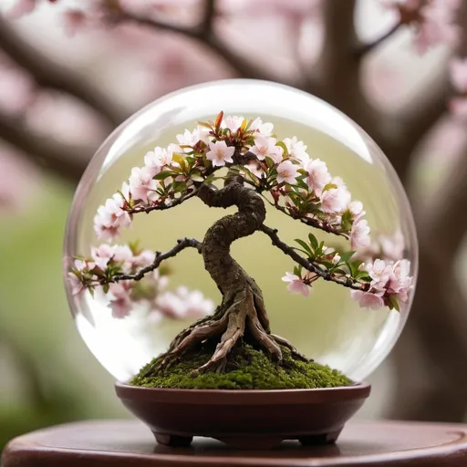 Prompt: Detailed macro photograph of a bonsai tree, intricate texture, focus on fine details, high quality, macro lens, product photography, natural tones, detailed leaves and bark, closeup shot, professional lighting, best quality,with cherry blossom back ground , inside of a glass ball